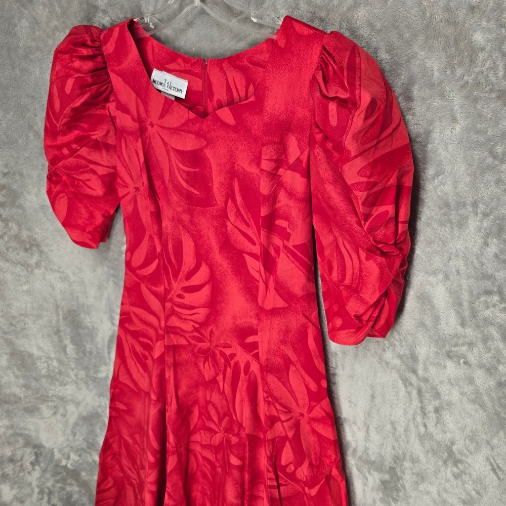 T&L Muumuu Factory Dress Womens 7/8 Red Tropical Floral Puff Sleeve Maxi Hawaii - Picture 9 of 15